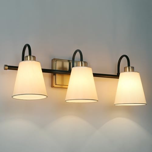Image of KSANA Bathroom Wall Light Fixtures, 3-Light Gold Black Vanity Light with White Fabric Shades, Modern Vintage Wall Lamp Over Mirror for Powder Room, Hallway