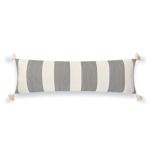 Hofdeco Modern Boho Moroccan Indoor Outdoor Body Lumbar Pillow Cover Only For Bed, Backyard, Couch, Sofa, Neutral Black Stripe Tassels, 12"X40" #TOP13