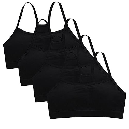 4 Pack Girls Training Bra Kids Crop Tops Lightly Padded Sports Bra Comfortable Cotton Bras Elastic Straps Bras for 8-16 Years Black