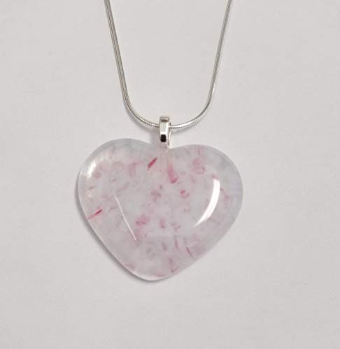 Pink White fused glass heart pendant necklace. Sterling silver chain.