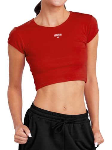 Campus Lab Sacred Heart University One Color Arched Womens Cap Sleeve Baby Rib Crop Top Red Medium