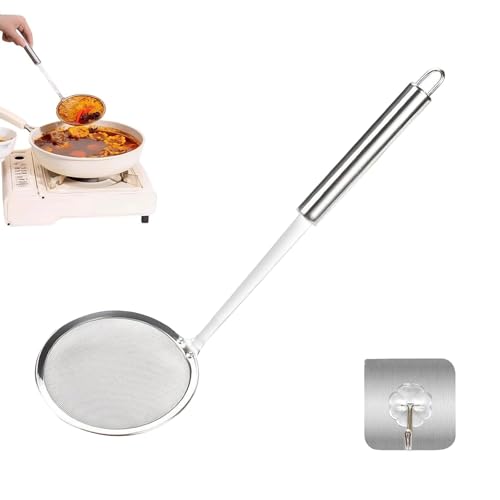 PHMING Schaumlöffel Edelstahl 32CM, Matcha Sieb, Feines Sieb Küche 100 Maschen, Küchensieb Edelstahl, mit Haken, zum Filtern von Saft, Schaum,...