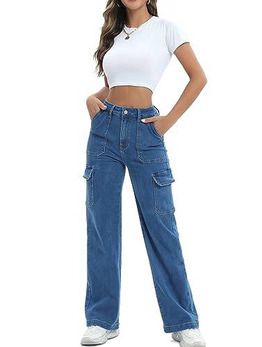 ETTELO Women Cargo Jeans High Waist Y2K Straight Leg Trendy Stretchy Lightweight Jeans for Women