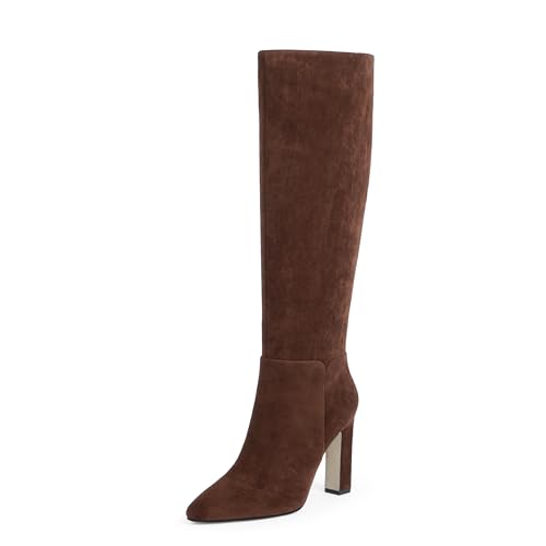 VIUGJNEX Tall Brown Boots For Women Knee High Boots Chocolate Brown Block Chunky Heel Side Zipper Almond Toe Suede High Heel Long Formal Boot For Women Dress Fall 2025 Size 10