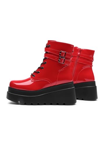DREAM PAIRS Women Platform Combat Ankle Boots Goth Chunky High Heel Lace Up Motorcycle Booties,Size 9,Red,DWUMAB2519
