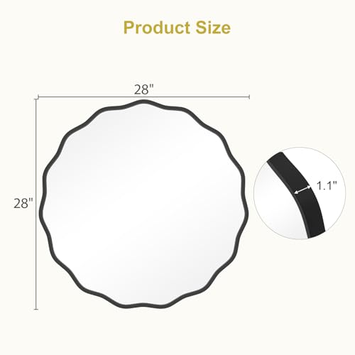 Image of WallBeyond Round Wavy Mirror for Wall Decorative 28 inch, Modern Round Mirror Aluminum Frame for Bathroom Bedroom Living Room Home House Office Entryway, Black