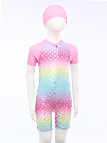 Kids Short Sleeve Zippy Swimwear Girls Mermaid Swimsuit Dress with Swim Hat Bathing Suit3