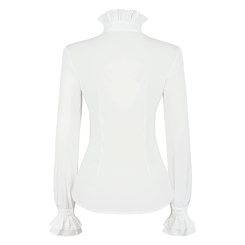 Camisas Mujer Manga Larga,Dames Vintage Victoriaanse Dubbele Ruches Shirt Blouse, Witte Opstaande Kraag Lange Mouwen Button-Down Tuniek Top Middeleeuwse Gotische Lolita Halloween Cosplay SH