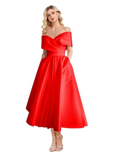 Image of Women's Off Shoulder Wedding Dress for Bride Tea Length A Line Satin Formal Prom Dresses with Pockets