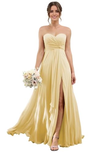 Xunvxun Long Chiffon Bridesmaid Dress for Women Sweetheart Pleated Yellow Prom Dress with Slit for...