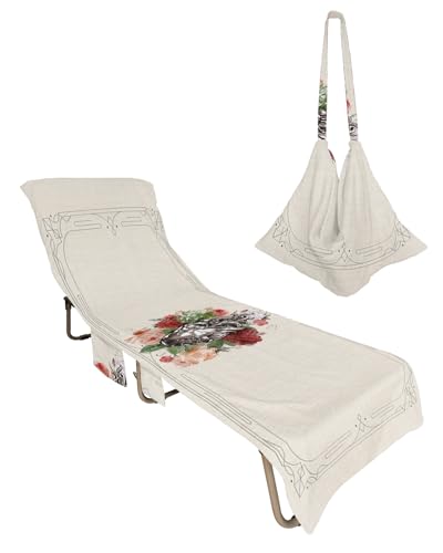 Botanical Heart Beach Lounge Chair Towel Cover, Soft Chaise Lounge Towel with Side Pockets Patio Pool Chairs Cover for Beach/Pool Sunbathing 29x85 Rustic Spring Floral Red Pink Green Plants