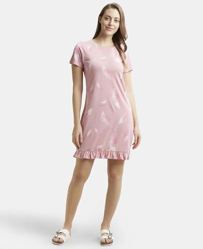 Image of Jockey RX25 Women Micro Modal Cotton Ruffled Hem Styled Half Sleeve Printed Sleep Dress (Colors & Prints May Vary)