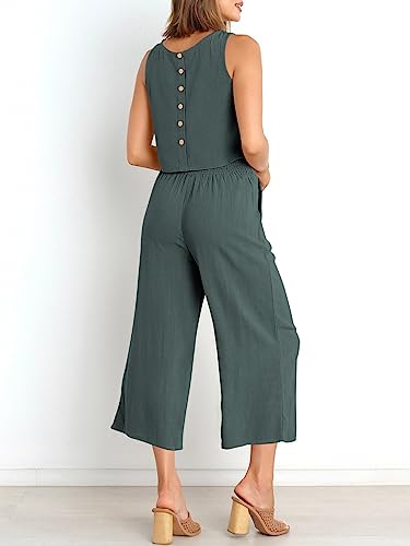 Image of ANRABESS Women's Summer 2 Piece Outfits Sleeveless Tank Crop Button Back Top Cropped Wide Leg Pants Set Pockets