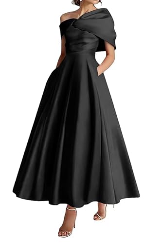 Women One Shoulder Prom Dresses Long Satin Ruffle A Line Formal Prom Evening Gowns with Pockets 056