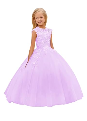POMUYOO Lace Flower Girls Dresses for Wedding Long Princess Pageant Dresses Kids Prom Puffy Tulle Ball Gown YG2314