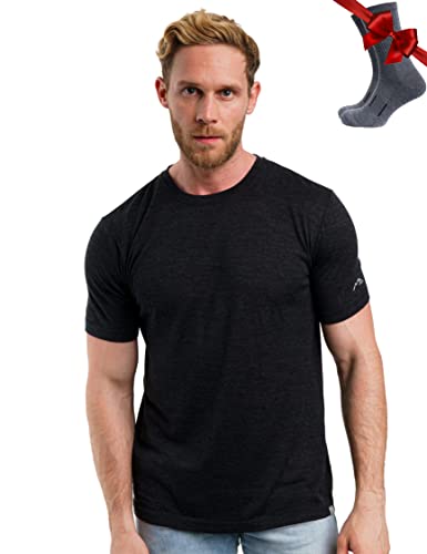 Premium Merino Shirt Herren Kurzarm - Thermooberteile 100% Merino Unterwäsche Herren + Wanderwollsocken (Melange Black, X-Large)