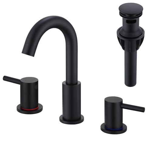 AmirLans Black Bathroom Faucets 3 Hole, Matte Black Bathroom Faucet with Pop up Drain, Stainless...
