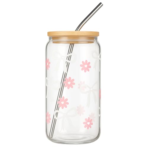 Cosmeria Elegantes Glass Tumbler mit Bow Design, 16 oz Glasbecher mit Deckel und Edelstahl Strohhalm, Ideal für Kaffee, Cocktails und Mehr