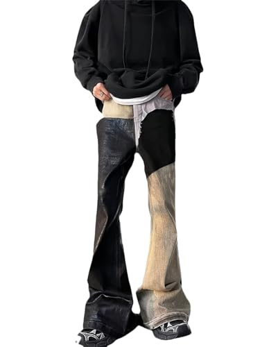 Men Coating Waxing Patchwork Old Baggy Flare Jeans Vintage Long Trousers Pantalones