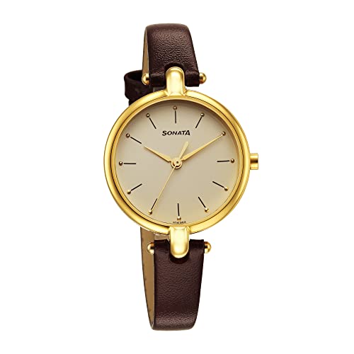 Sonata Gold Edit Quartz Analog Champagne Dial Brown Leather Strap...
