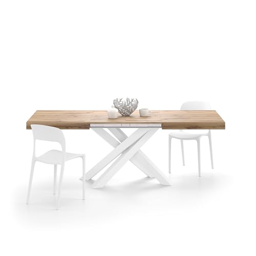 MOBILI FIVER, Table Extensible Emma 140(220) x90 cm, Bois Rustique avec Pieds Croisés Blancs, pour 6-10 Personnes, Table Extensible pour Cuisine, Salon, Made...