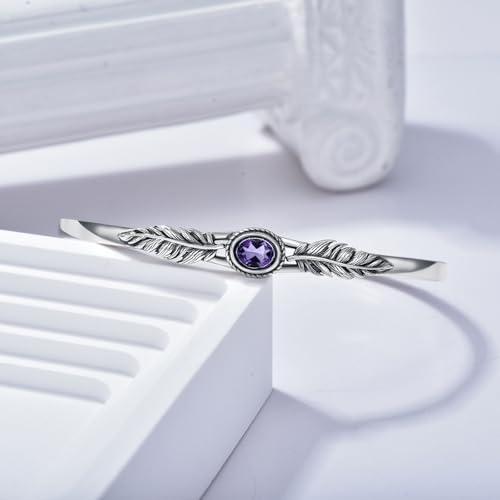 Amethyst Feather Cuff Bracelet Sterling Silver Adjustable Vintage Bangle, Bohemian Jewelry February Birthstone Gift for Her4