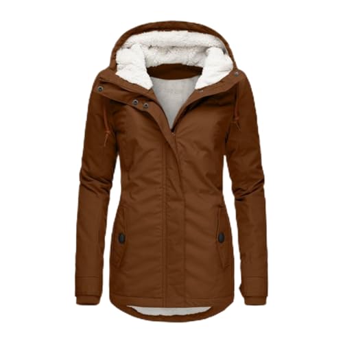 LIOEUE Abrigo Anorak Mujer Invierno Con Capucha Y Cuello De Falso Piel, Chaqueta Acolchada Manga Larga, Longitud Media (Marrón,L)