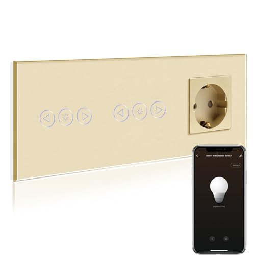 BSEED BSEED Normale Steckdose mit Doppel Smart Alexa Dimmer, smart Lichtschalter Kompatibel mit Alexa/Google Home, wlan Lichtschalter Glas 1 Fach 1 Weg 16Amp Steckdose Gold (Nullleiter erforderlich)