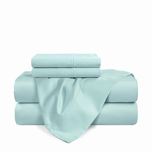 Casa Platino 100% Egyptian Cotton Sheets Twin Size Set - 4 Pcs (1 Flat, 1 Fitted, 2 Pillowcases)- Ultra Smooth Sateen Weave Bed Sheets Set with 15" Deep Pockets - Blue Sky