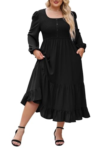 A-Linien-Kleid in Übergröße, Herbst-Langarm-Midikleid mit quadratischem Ausschnitt, Elegantes Stufenkleid mit Brustfalten