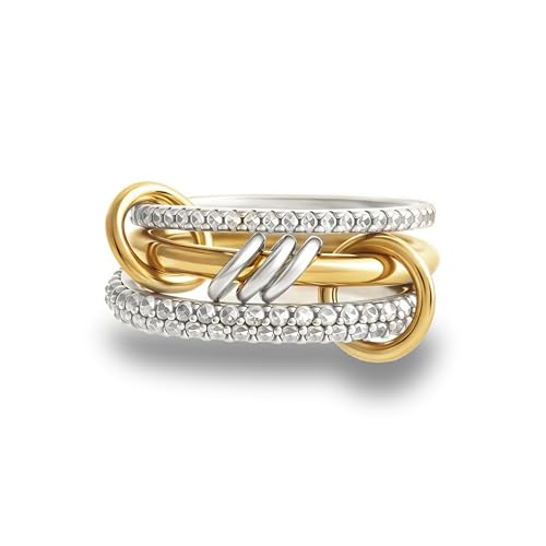 BKC Gold Stackable Rings for Women, 14k Gold Plated Chunky Statement Cubic Zirconia Rings, Silver Gold Multi Ring Interlocking Mixed Metals Stack Rings Set Non Tarnish