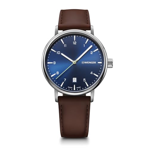 Wenger Relojes Hombre Urban Classic Ø 40mm, Suizos, Cuarzo, Impermeable 100m, Brazalete de Cuero, Azul/Braun, 01.1731.123