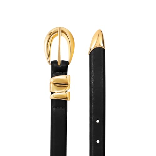 XZQTIVE Women's Skinny Leather Belts Ladies Thin Waist Belts for Jeans Dress Pants Trendy Black Belt with Gold Buckle2
