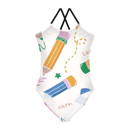 Girls One Piece Swimsuits Colorful Cute Pencils Pattern Sport Halter Swimwear Beach Bathing Suit,7-8T