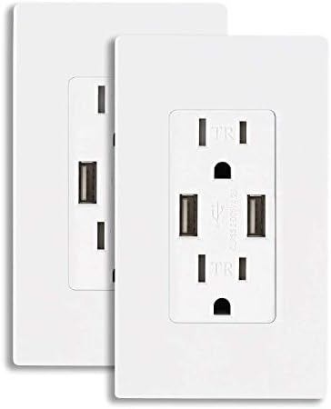 AbboTech 4.2AMP Dual High Speed USB Wall Outlet, USB Wall Charger with 15A Tamper-Resistant Duplex Receptacle, Child Proof Safety, Wall Plates Included, White[2 Pack] (4.2A/2 PACK)