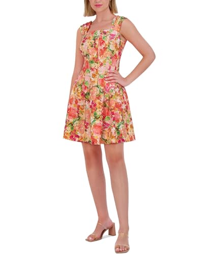Image of Vince Camuto Jacquard Notch Placket Cap Sleeve Fit-and-Flare