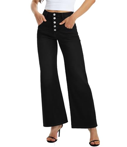 ONESO Womens Wide Leg Jeans High Waisted Button Fly Stretchy Flared Jeans for Women Baggy Denim Pants