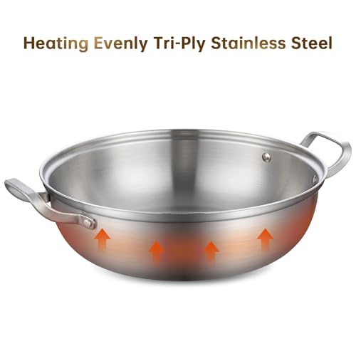 Tri-Ply Stainless Steel Saute Pan,Deep Frying Pan with lid,Compatible with All Cooktops Up to 650℉, Everyday Pan,Hot Pot,Kadhai,Induction Cooking Pot,Dishwasher and Oven Safe. (7QT) - Image 6