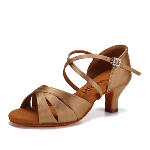 Image of HROYL Women Latin Dance Shoe Satin Salsa Ballroom Practice 3047 | Performece Social Cha Cha Salsa Dancing Shoes Bachata Sandals