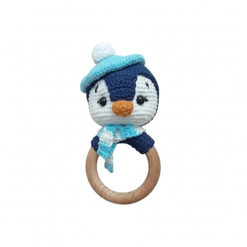 Image of Crochet Baby Teether Combo Penguin - Soft Handmade Cotton Rattle Toy with Wooden Ring for Infants - Penguin 1 PCS