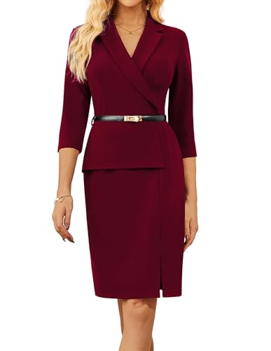 GRACE KARIN Damen Elegant Knielang Cocktailkleid 3/4 Ärmel Bodycon Business Keid Weinrot M