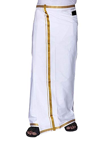 Stylesindia Cotton Dhotis for Men with Gold Zari Border | White Adjustable Dhoti with Pocket | Cotton Vesti Mundu Best for Festivals and Ceremonies