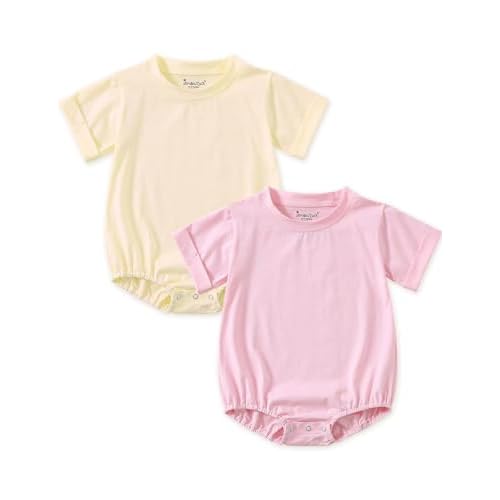 Jimonda Baby Bubble Romper Boy Girl Solid Color T-Shirt Outfits Short Sleeve Bodysuit Organic Cotton 2Pcs Yellow Pink 0-3 Months