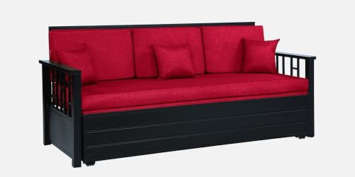 Image of Horrim 3 Seater Metal Sofa Cum Bed with Hydraulic Storage | Queen Size Sofa Cuma Bed | 3 Seater Sofa Set, Metal Sofa Set for Living Room (Matte Black Finish with Red Cushion)