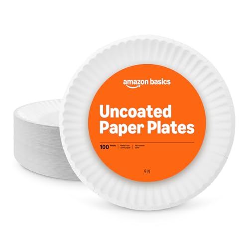 Amazon Basics 9' Uncoated White Paper Plates, Microwave Safe, 100 Count