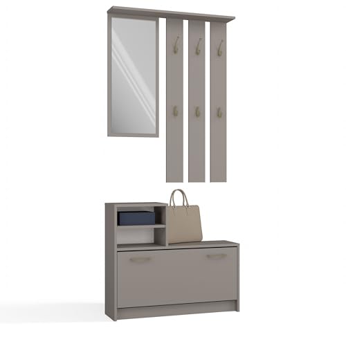 CDF Kleiderschrank Vera | Farbe: Lehm (grau) | Großer Spiegel | Kleiderbügel | Geräumiger Schuhschrank | Ideal für Diele, Flur | Praktische Ablagen | Modernes Design