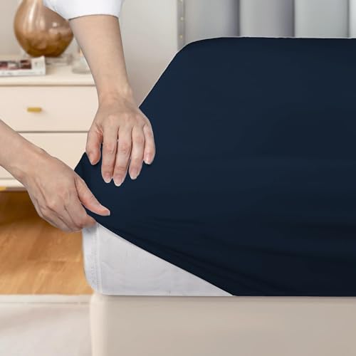 Image of LINENWALAS 100% Cotton Percale Fitted Bed Sheet with Pillow Covers | Soft, Cool & Crisp Hotel Quality Elastic Bedsheet | Queen Bed Size - 300 TC (60x78 Inches, Navy Blue)
