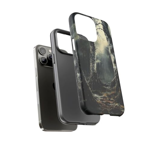 Coque rigide mate iPhone 14 Pro Max noire protection motif forêt maussade