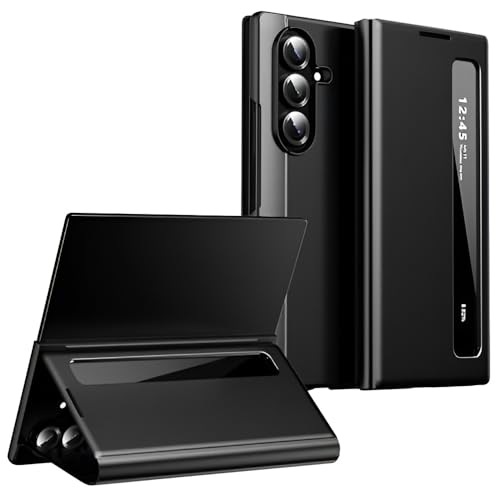 Image of Smart View Leather Case Compatible with Samsung Galaxy Z Fold 7, Flip Cover with View Window, Full Body Protection, Premium Leather Texture, Shockproof Protective Phone Case, Black