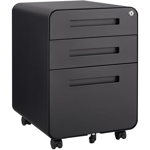 Cassettiera con serratura a 3 cassetti - Armadietto portatile in metallo con 5 ruote di sicurezza e cartella sospesa regolabile in altezza, colore nero